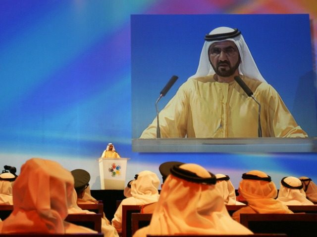 Sheikh Mohammed bin Rashed al-Maktoum, Ruler of Dubai and Prime Minister of the United Arab Emirates, speaks during the launching of new initiative 'Dubai Cares', in Dubai, 19 September 2007. The initiative aims to collect funds to educate one million children in under developed countries. AFP PHOTO/KARIM SAHIB MORE PICTURES c